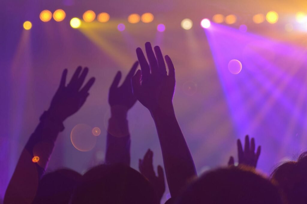 Pub Moriarty Santa Ana - Silhouettes of a lively audience with raised hands at an energetic nightclub event.